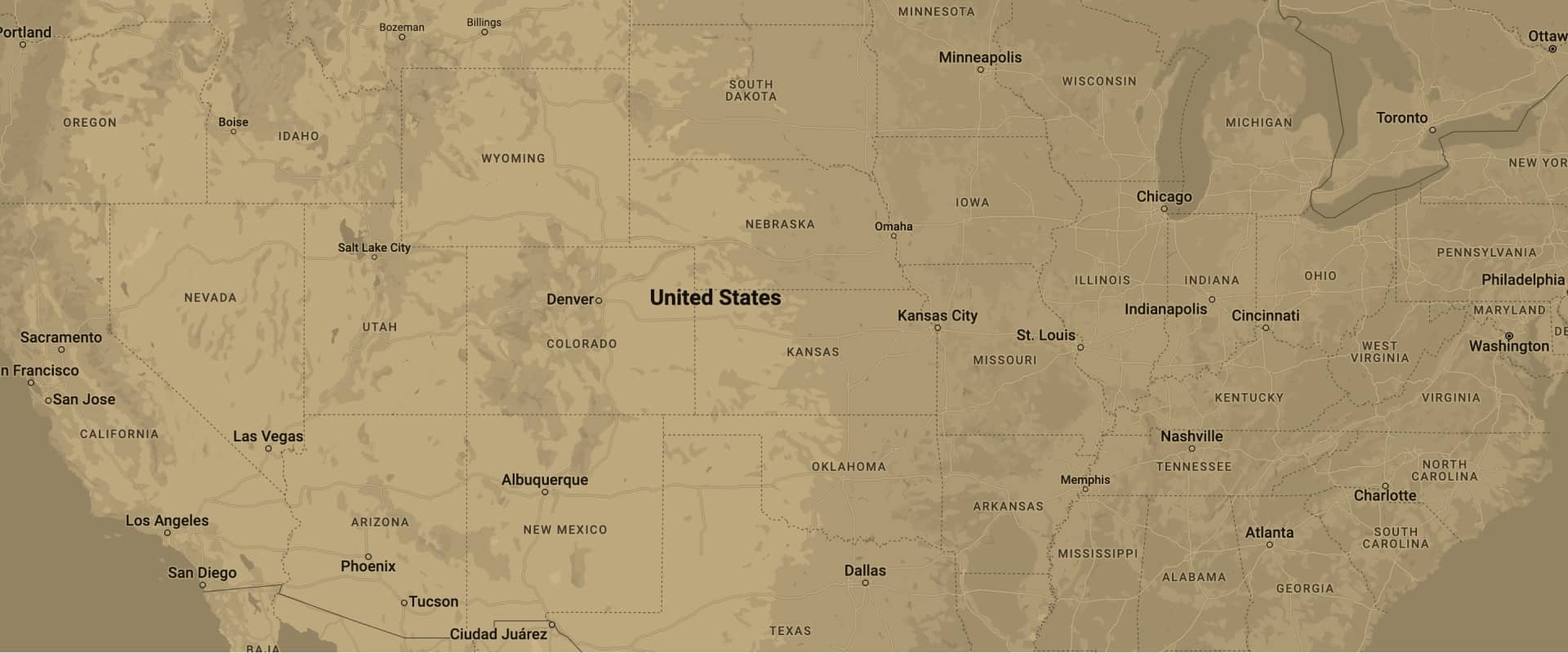 Tan USA Map with major cities of Paul Davis locations