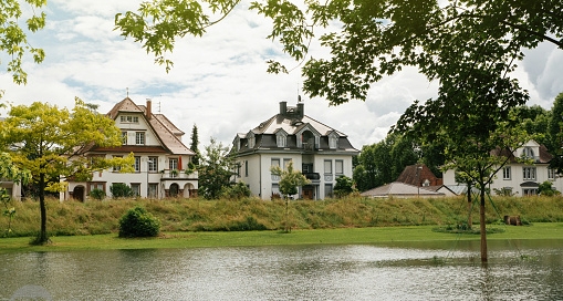 German houses seen over flooded Rhine river